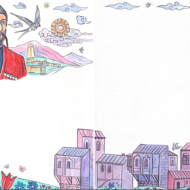 Портрет, Коста Хетагурова основоположника осетинкой литературы. Иллюстрации для стихов. Разворот. Пустое место оставлено для текста. Иллюстрация для детского журнала «НОГДЗАУ»(Пионер). Опубликовано. Журнал издаётся в Республике Северная Осетия—Алания, во Владикавказе. Журнал на русском и осетинском языках. Техника иллюстрации: Бумага, акварель, тушь, гуашь. Художник Марат Брызгалов.