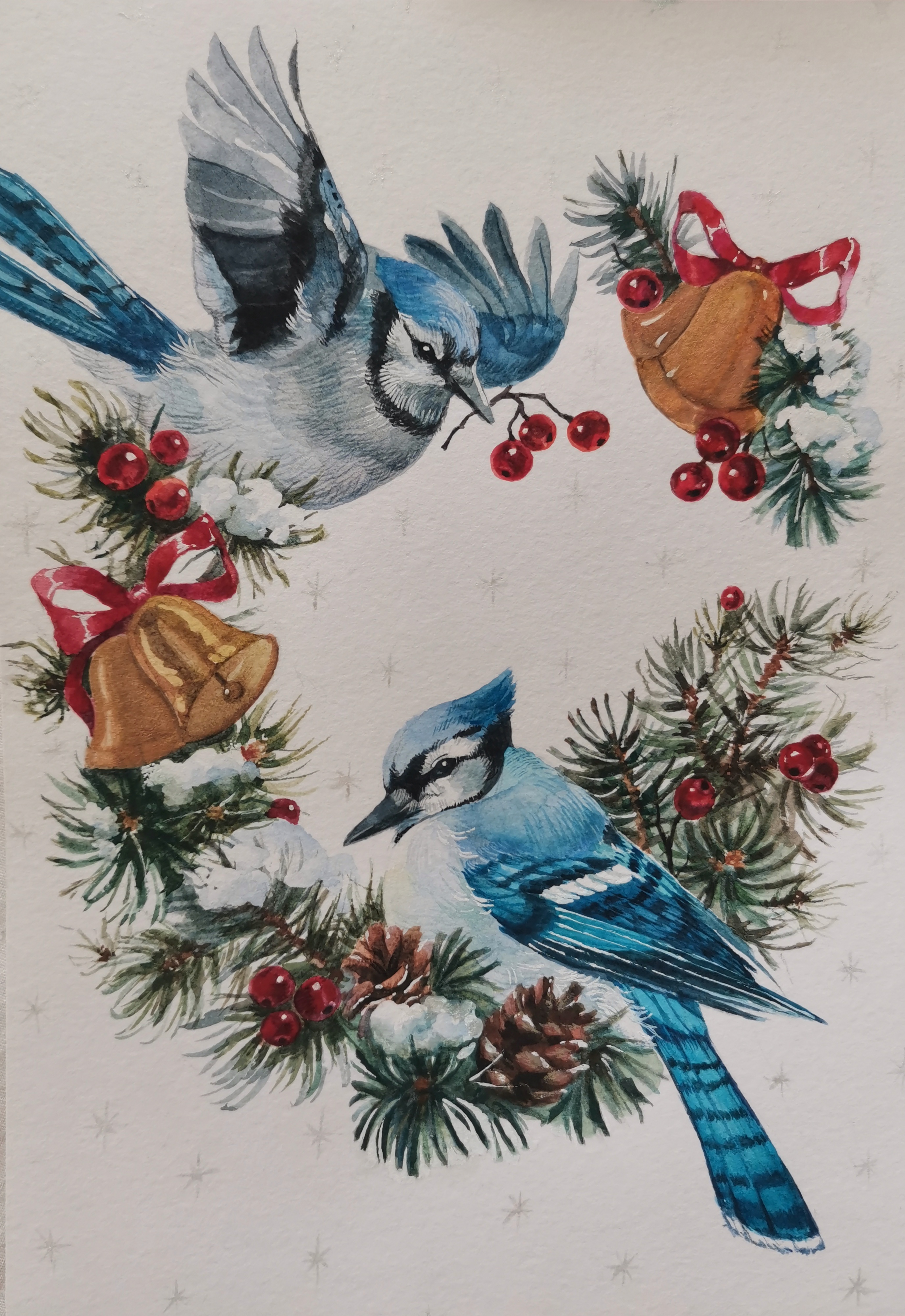 Новогодняя открытка "синие сойки"