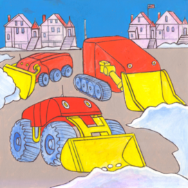 В журнал "А почему?" Рубрика" Со всего света". Редакция-Юный техник. Опубликовано. Тема: Соревнование роботов уборщиков снега. Иллюстрация с расчётом на уменьшение. Техника: Бумага, акрил, гуашь, тушь. Художник: Марат Брызгалов.