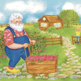 Дед Мороз на даче. Тележка с малиной.