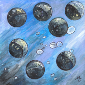 В журнал "А почему?" Рубрика" Со всего света". Редакция-Юный техник. Опубликовано. Тема: Миниатюрные роботы для очистки вод. Иллюстрация с расчётом на уменьшение. Техника: Бумага, акрил, гуашь, тушь. Художник: Марат Брызгалов.