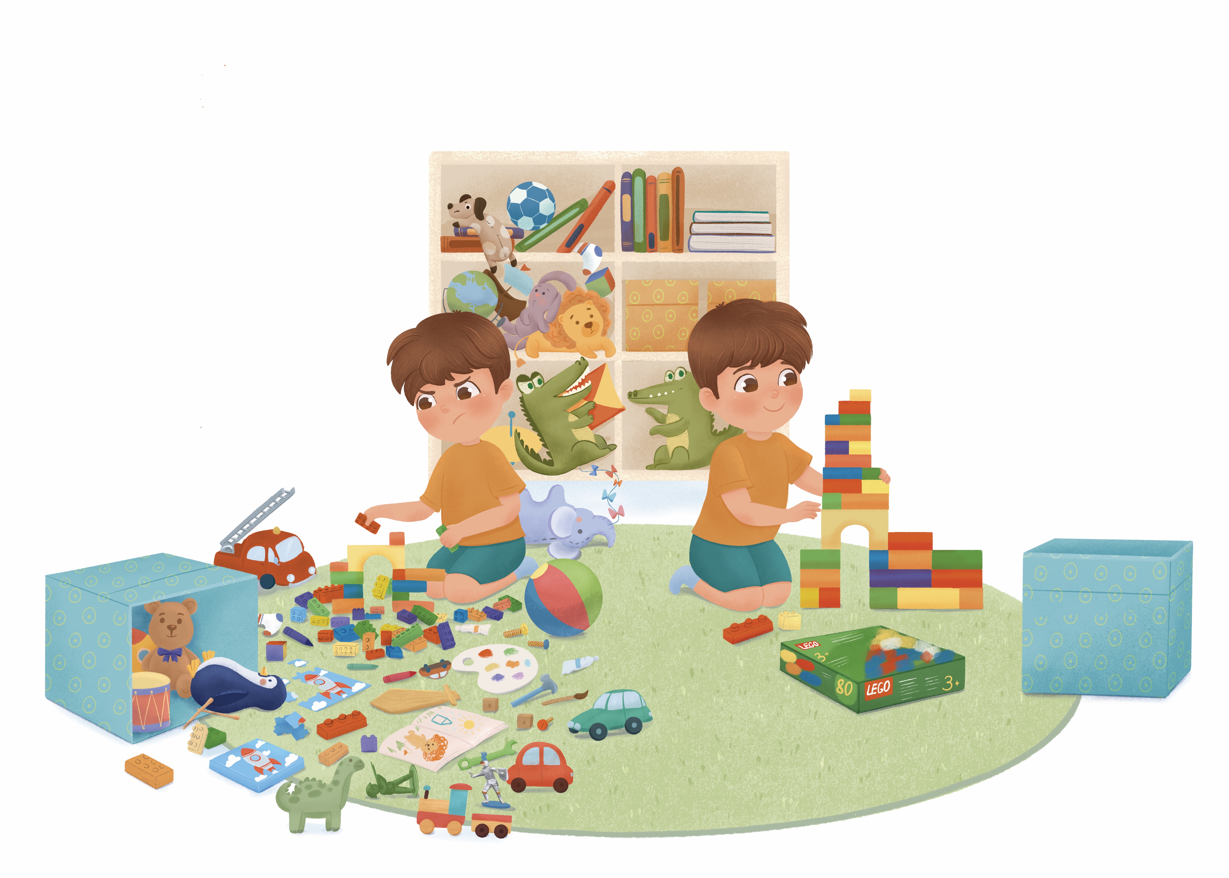 Мальчик играет в лего, иллюстрация для детского стиха