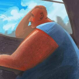 Задумчивый мужчина в поезде 