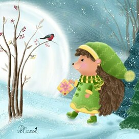 Новогодняя иллюстрация с ёжиком