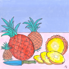 В журнал "А почему?" Рубрика" Со всего света". Редакция-Юный техник. Опубликовано. Тема: Ананасы. Иллюстрация с расчётом на уменьшение. Художник: Марат Брызгалов.