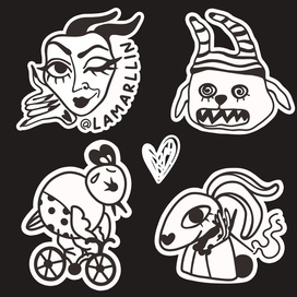 Набор стикеров чернобелых с собакой птицей девушкой и зайцем