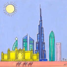 В журнал "А почему?" Рубрика" Со всего света". Редакция-Юный техник. Опубликовано в журнале. Тема: Небоскрёбы в пустыне. Стиль иллюстрации декоративный с расчётом на уменьшение. Художник: Марат Брызгалов.