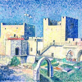 Иерусалим Башня Давида.Городской пейзаж.Жанр живописи:Пуантилизм, Импрессионизм.Серия: Виды Иерусалима.Иллюстрация для Еврейского календаря.Художник Марат Брызгалов.Техника исполнения бумага, акриловые краски, кисти. Календарь напечатан в Москве 2021 году, по заказу Московской Хоральной синагоги учебного Центра Тора Ми-Цион.