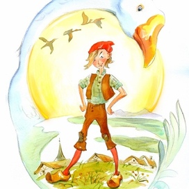 Фронтиспис к книге С. Лагерлёф «Чудесное путешествие Нильса с дикими гусями» для издательства «Речь», 2025