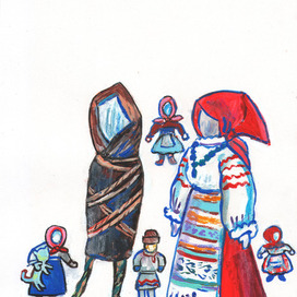 Народные деревенские игрушки. Тряпичные куклы. Заставка с расчётом на уменьшение при печати. Иллюстрация к русским сказкам. Техника: Бумага акрил. Художник Марат Брызгалов.