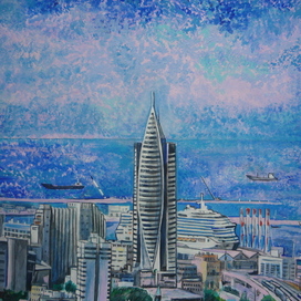 Хайфа. Серия-Города Израиля. Жанр : Пуантилизм, Импрессионизм. Для еврейского календаря. Художник Марат Брызгалов. Календарь напечатан в Москве 2020 году, по заказу Московской Хоральной синагоги.