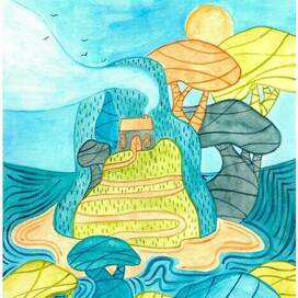 Акварельная иллюстрация в книгу о таинственном острове.