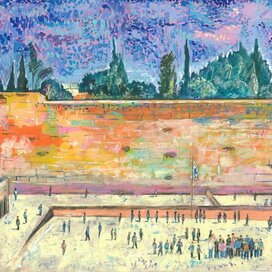 Иерусалим. Стена плача. Жанр: Пуантилизм, Импрессионизм. Серия: Виды Иерусалима. Иллюстрация для Еврейского календаря. Художник Марат Брызгалов. Календарь напечатан в Москве 2021 году, по заказу Московской Хоральной синагоги.