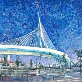 Иерусалим. Струнный мост. Жанр : Пуантилизм, Импрессионизм. Серия: виды Иерусалима. Для еврейского календаря. Художник Марат Брызгалов. Календарь напечатан в Москве, по заказу Московской Хоральной синагоги.