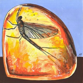 В журнал "А почему?" Рубрика" Со всего света". Редакция-Юный техник. Опубликовано в журнале. Иллюстрация с расчётом на уменьшение. Стиль декоративный. Тема: Древняя подёнка в янтаре. Художник: Марат Брызгалов.