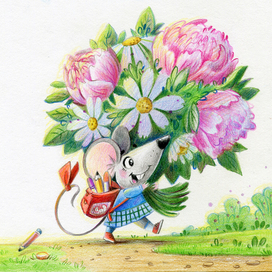 Иллюстрация к стихотворению "Мышка идет в школу"