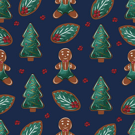 Новогодний векторный бесшовный паттерн с рождественским имбирным печеньем.