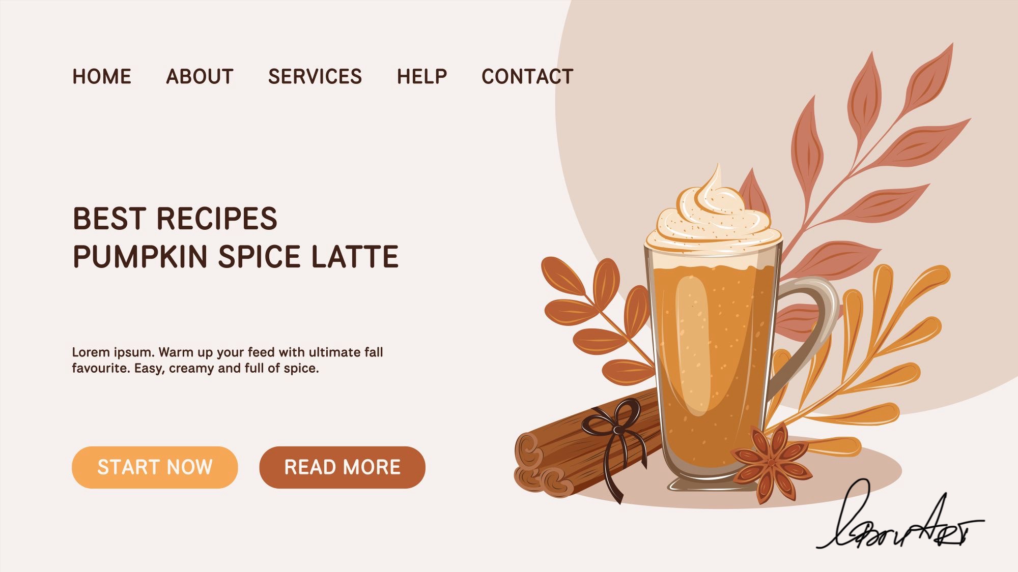 Векторный баннер осеннего тыквенного латте с корицей и бадьяном на фоне желтых листьев.