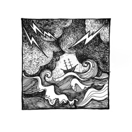 Молнии пронзают небо, и шторм уносит корабль