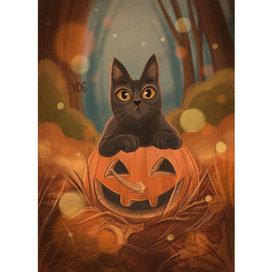 Уютные иллюстрации | Кот на тыкве