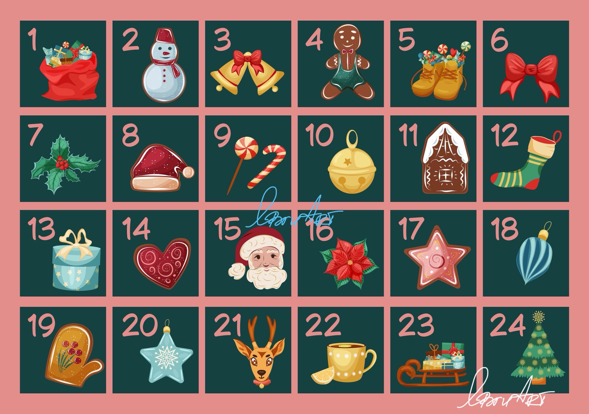 Рождественский адвент календарь. Векторная иллюстрация в стиле cartoon.