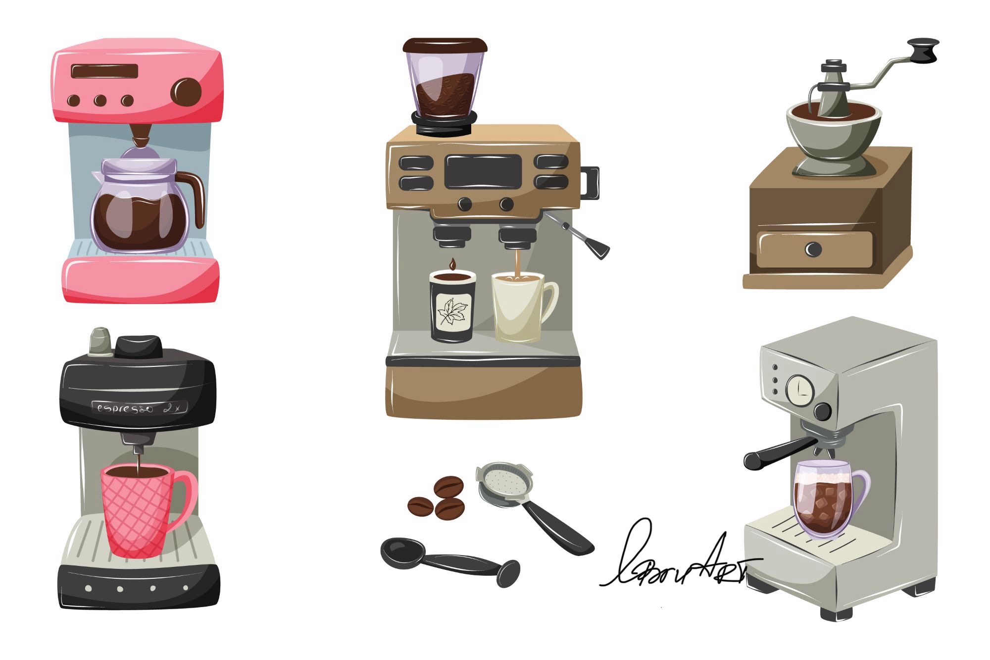 Векторная иллюстрация современных кофемашин и кофемолок.