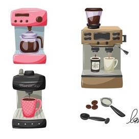 Векторная иллюстрация современных кофемашин и кофемолок.