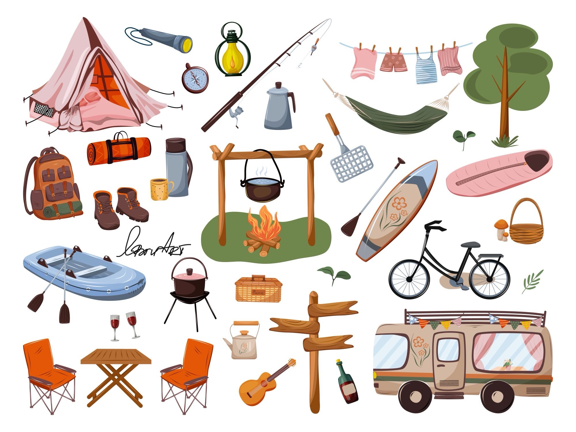 Векторная иллюстрация предметов для летнего отдыха на природе, кемпинга или пикника. В стиле cartoon.