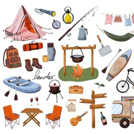 Векторная иллюстрация предметов для летнего отдыха на природе, кемпинга или пикника. В стиле cartoon.