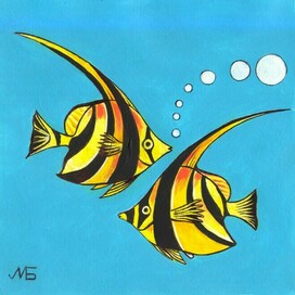 В журнал "А почему?" Рубрика" Со всего света". Редакция-Юный техник. Опубликовано в журнале. Иллюстрация с расчётом на уменьшение. Стиль декоративный. Тема: Рыбки и воздушные пузыри. Художник: Марат Брызгалов.