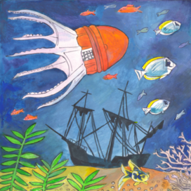 В журнал "А почему?" Рубрика" Со всего света". Редакция-Юный техник. Опубликовано в журнале. Иллюстрация с расчётом на уменьшение. Стиль декоративный. Тема: Робот- осьминог, для подводных исследований. Художник: Марат Брызгалов.