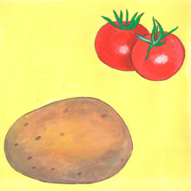В журнал "А почему?" Рубрика" Со всего света". Редакция-Юный техник. Опубликовано в журнале. Иллюстрация с расчётом на уменьшение. Стиль декоративный. Тема: Помидоры и картошка. К статье о происхождении растений . Художник: Марат Брызгалов.