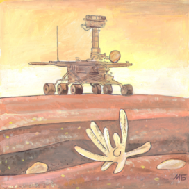 В журнал "А почему?" Рубрика" Со всего света". Редакция-Юный техник. Опубликовано в журнале. Иллюстрация на уменьшение. Тема: Марс, окаменелости похожие на кораллы. Возможно, это следы океанов прошлого. Художник: Марат Брызгалов.