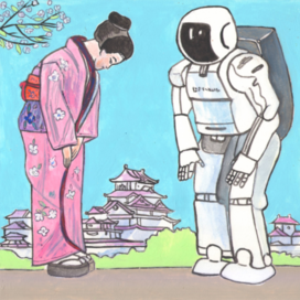 В журнал "А почему?" Рубрика" Со всего света". Редакция -Юный техник. Опубликовано в журнале. Иллюстрация с расчётом на уменьшение при печати. Тема: Япония. Роботы с программой обучения. Стиль декоративный. Художник: Марат Брызгалов