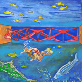 В журнал "А почему?" Рубрика" Со всего света". Редакция -Юный техник. Опубликовано в журнале. Иллюстрация с расчётом на уменьшение при печати. Тема: Подводная электростанция, нового типа. Стиль иллюстрации декоративный. Художник: Марат Брызгалов.