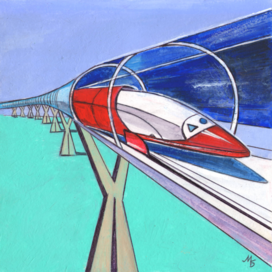 В журнал "А почему?" Рубрика" Со всего света". Редакция-Юный техник. Опубликовано в журнале. Иллюстрация с расчётом на уменьшение при печати. Тема: Новейший скоростной поезд. Художник: Марат Брызгалов.