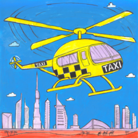 В журнал "А почему?" Рубрика" Со всего света". Редакция-Юный техник. Опубликовано в журнале. Иллюстрация с расчётом на уменьшение при печати. Тема: Такси вертолёт в Эмиратах. Стиль иллюстрации декоративный. Художник: Марат Брызгалов.