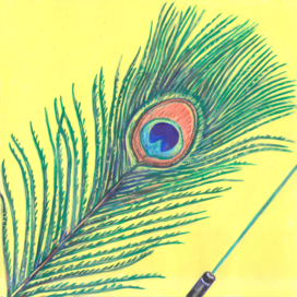 В журнал "А почему?" Рубрика" Со всего света". Опубликовано в журнале. Иллюстрация на уменьшение. Тема: Новые лазеры, на основе изучения светоотражающего эффекта перьев павлина. Художник: Марат Брызгалов.