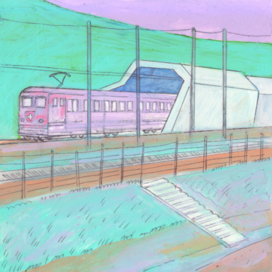 В журнал "А почему?" Рубрика" Со всего света". Редакция -Юный техник. Опубликовано в журнале. Иллюстрация на уменьшение при печати. Тема: Туннели для электропоездов в горах Швейцарии. Стиль декоративный. Художник: Марат Брызгалов