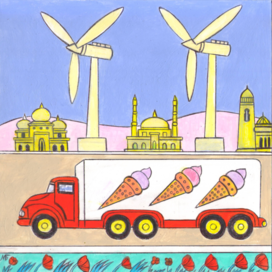 Для журнала " А Почему?" Раздел "Со всего света". Редакция-Юный Техник. Иллюстрация на уменьшение. Тема: Турция. Ветряные мельницы у магистралей. Стиль иллюстрации - декоративный. Художник: Марат Брызгалов