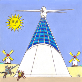 В журнал "А почему?" Рубрика" Со всего света". Редакция -Юный техник. Опубликовано в журнале. Иллюстрация на уменьшение при печати. Тема: Гигантская современная ветряная мельница в Испании. Художник: Марат Брызгалов.