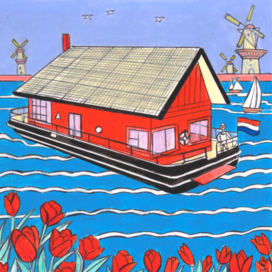 В журнал "А почему?" Рубрика" Со всего света". Редакция -Юный техник. Опубликовано в журнале. Иллюстрация на уменьшение при печати. Тема: Голландия. Плавучий дом с солнечной батарей на крыше. Художник: Марат Брызгалов.