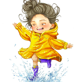 Прыгая по лужам. Осенняя детская иллюстрация