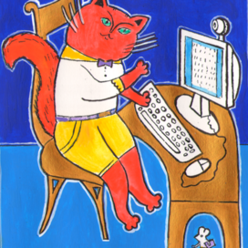 Рыжий кот за компьютером. Стиль графики декоративный. Техника: Бумага, тушь, акрил, гуашь. Художник Марат Брызгалов.