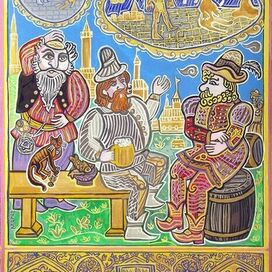 Иллюстрация-"Сказка о волшебном глиняном великане". Сюжет-Жители Праги обсуждают судьбу волшебного глиняного великана Голема. Серия голем и големы. Сказка о волшебном глиняном великане. Художник Марат Брызгалов.