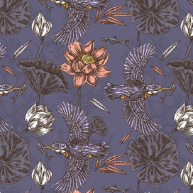 паттерн с зимородками и лотосами