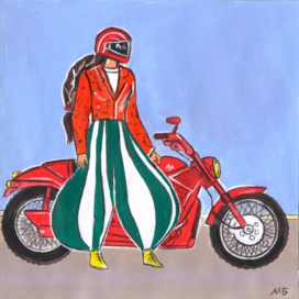 В детский журнал "А почему?" Рубрика" Со всего света". Редакция-Юный техник. Опубликовано в журнале. Иллюстрация на уменьшение при печати. Тема: Надувные штаны для мотоциклистов. Художник: Марат Брызгалов.