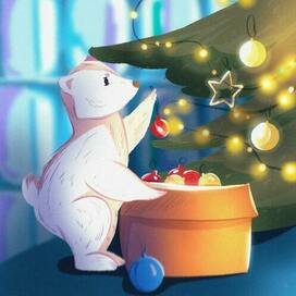 Медвежонок наряжает рождественскую елку