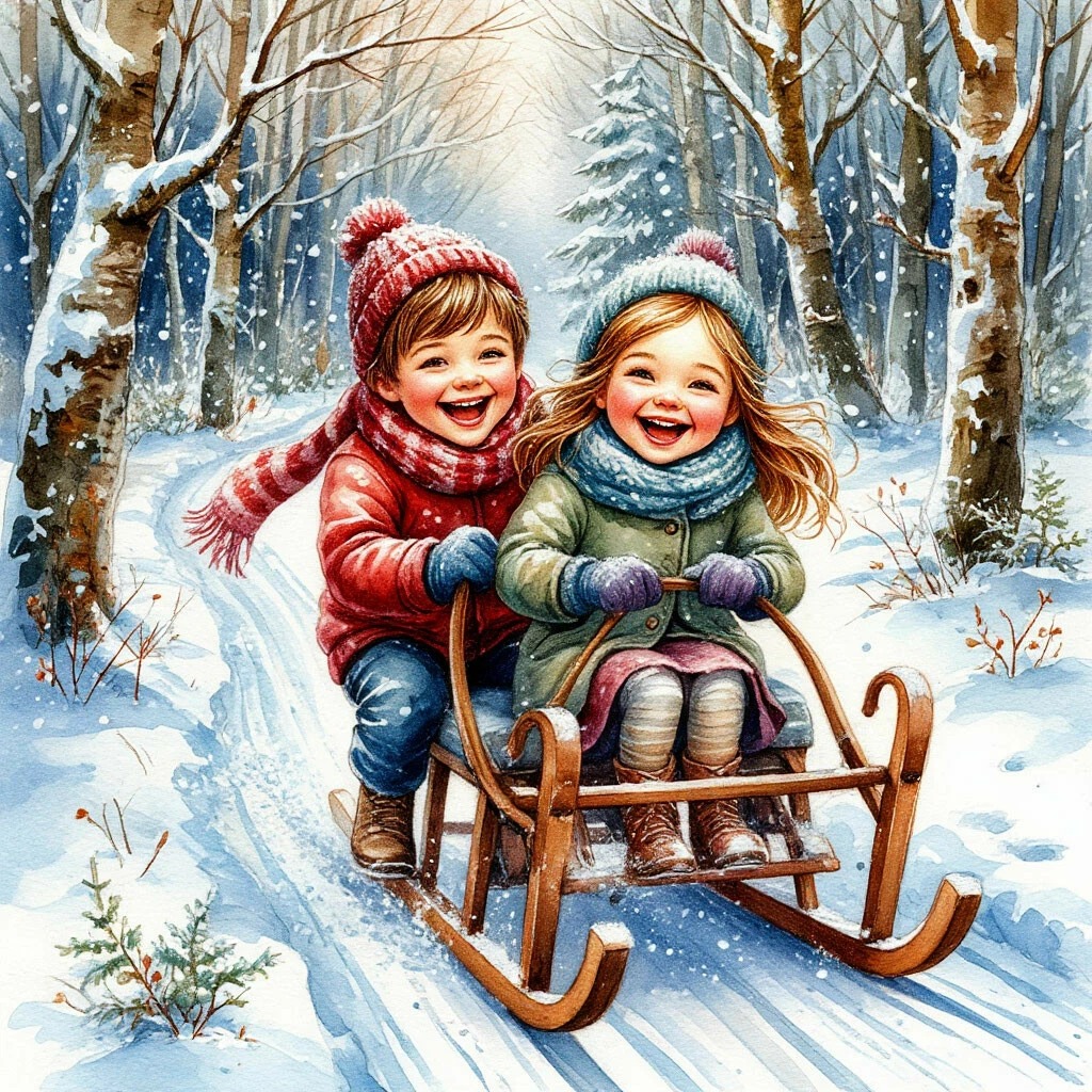 Счастливые дети зимой.