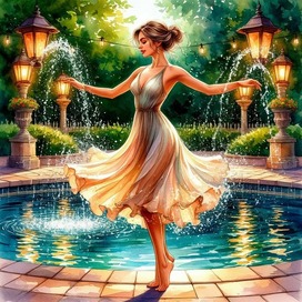 Танец счастливой девушки у бассейна.